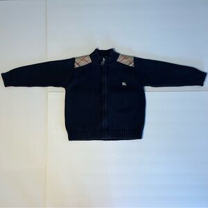 Burberry Kids 3T Navy Blue‎ Cotton Full Zip Sweater Nova Check on Shoulders EUC